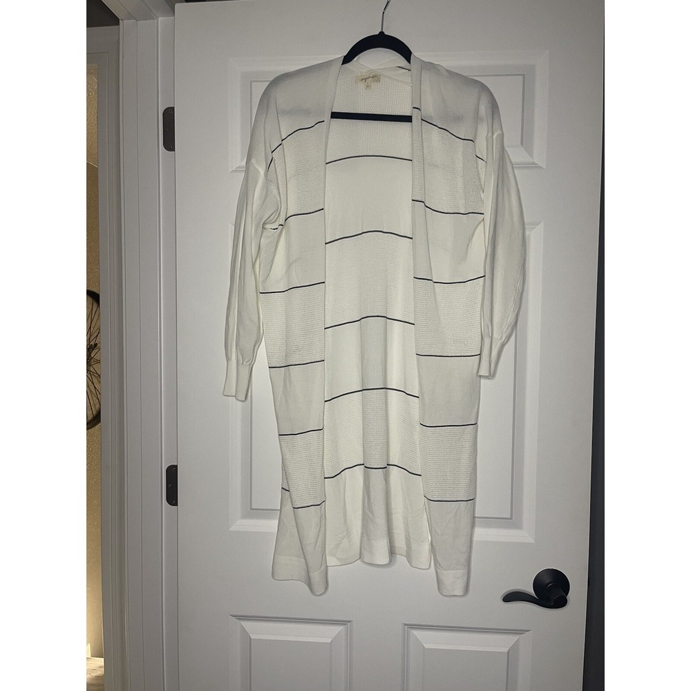Mystree Open Front Lightweight cardigan Sweater small white with black stripe
